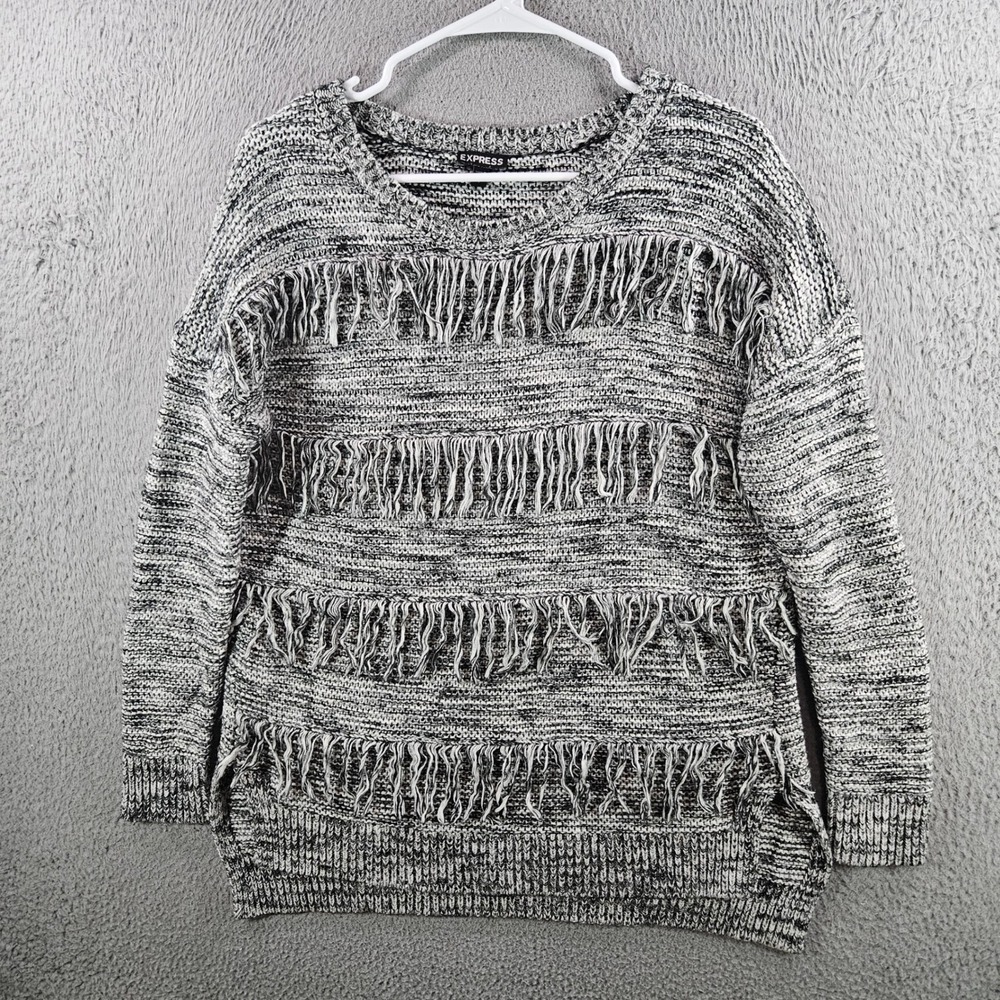 Express Womens Black White Marled Fringe Pullover Sweater Long Sleeve Small